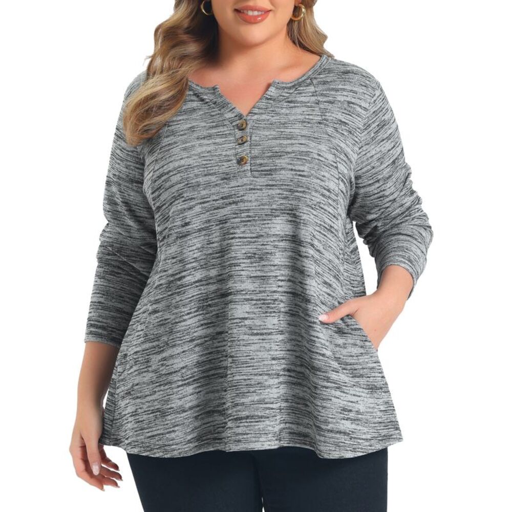 Women Plus Size Notch Neck Button Decor Knit Blouse Gray